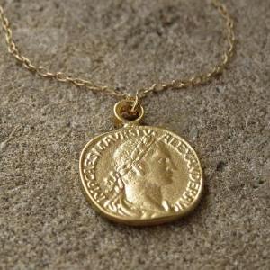 Gold Coin Necklace, Gold Pendant Ne..