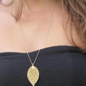 Gold Long Necklace - Gold Leaf Necklace, Filigree..