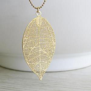 Gold Long Necklace - Gold Leaf Necklace, Filigree..