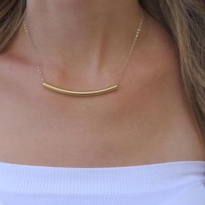 Gold Necklace - Bar Necklace, Gold Curve Necklace