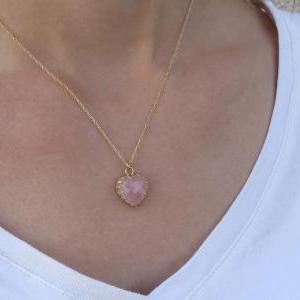 Gold Necklace, Heart Necklace, Pink Rose Quartz..