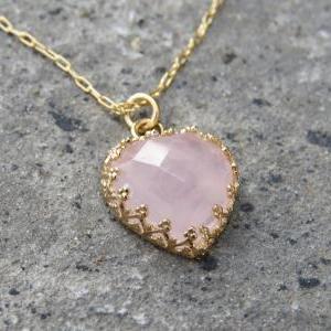Gold Necklace, Heart Necklace, Pink Rose Quartz..