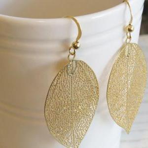 Gold Earrings, Gold Leaf Earrings, Big Leaf..