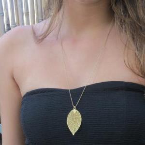 Gold Long Necklace, Gold Leaf Necklace, Filigree..