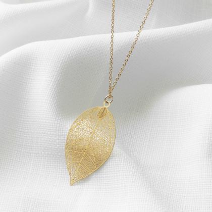 Gold Long Necklace, Gold Leaf Necklace, Filigree..