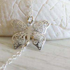 Silver Necklace, Butterfly Necklace, Simple..