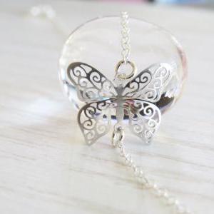 Silver Necklace, Butterfly Necklace, Simple..