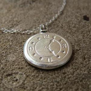 Silver Clock Necklace - Dainty Silver Necklace,..