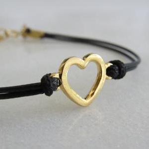 Heart Bracelet, Gold Bracelet, Black Cord..