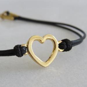 Heart Bracelet, Gold Bracelet, Black Cord..