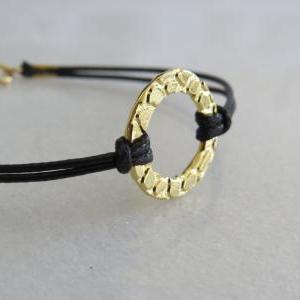 Circle Bracelet, Gold Bracelet, Black Cord..
