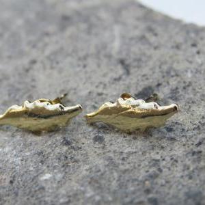 Gold Earrings - Gold Leaf Earrings, Small Stud..