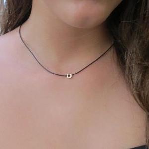 Gold Necklace - Black Cord Necklace, Tiny..