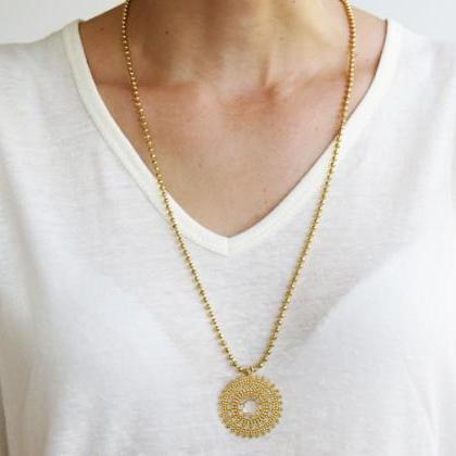 Gold Pendant Necklace, Long Necklace, Round..