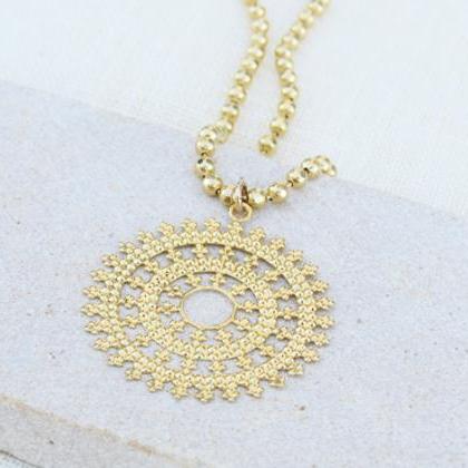 Gold Pendant Necklace, Long Necklace, Round..