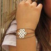 Silver Infinity bracelet, Beige cord bracelet, Wrap bracelet, Yoga bracelet, Silver endless knot bracelet