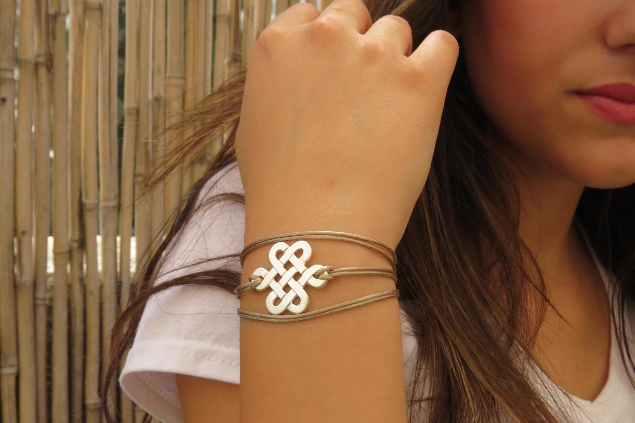 Silver Infinity Bracelet, Beige Cord Bracelet, Wrap Bracelet, Yoga Bracelet, Silver Endless Knot Bracelet