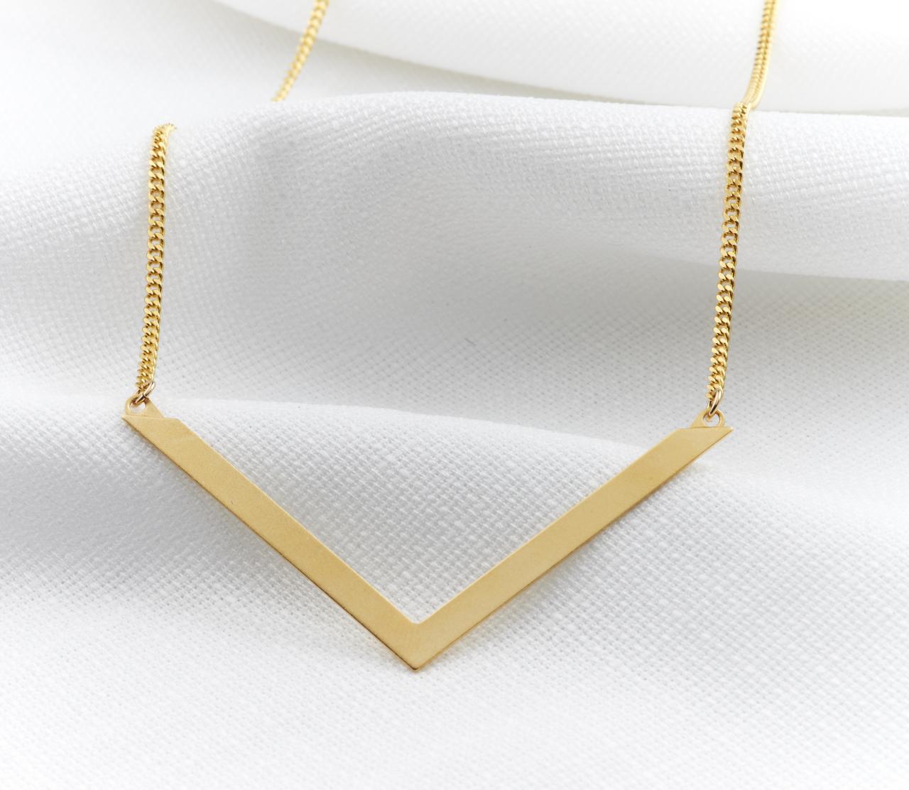 Gold Long Necklace - Gold Geometric Necklace, Chevron Necklace, Brass Gold Chevron Necklace, Delicate Necklace, Gold Jewelry Gift