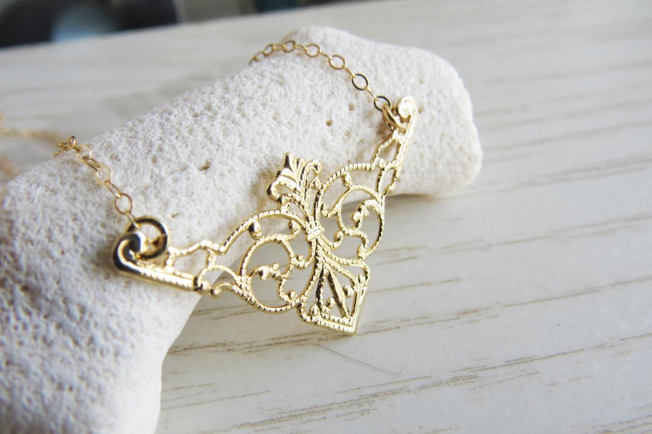 Gold Necklace, Filigree Necklace, Simple Everyday Necklace, Gold Jewelry, Bridal Necklace, Unique Gift