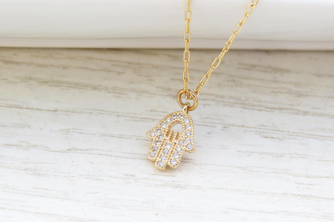 Gold Hamsa Necklace, Dainty Hand Necklace, Simple Necklace, 14k Goldfilled Necklace, Zirconia Charm, Evil Eye Necklace, Gold Jewelry