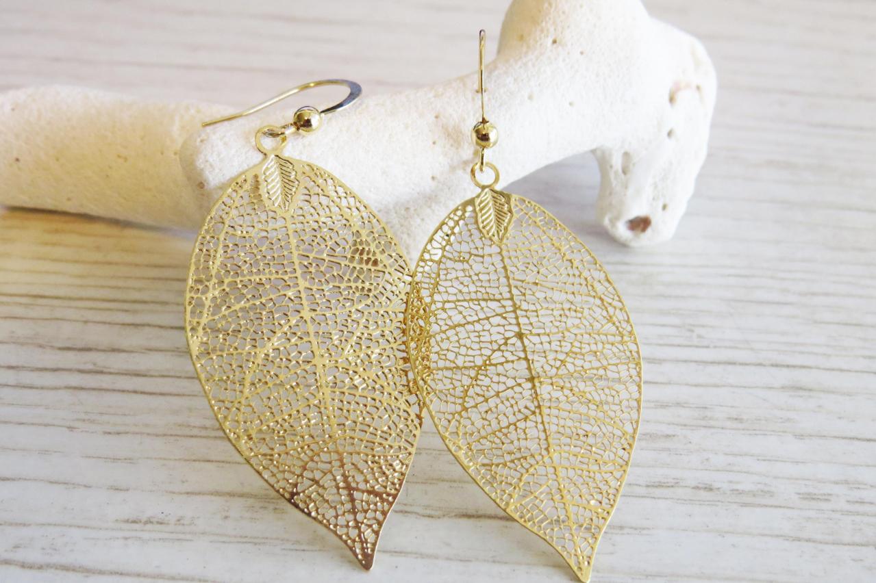 Gold Earrings, Gold Leaf Earrings, Big Leaf Earrings, Filigree Leaf, Delicate Leaf Earrings, Fashion Jewelry, Simple Gold Earrings
