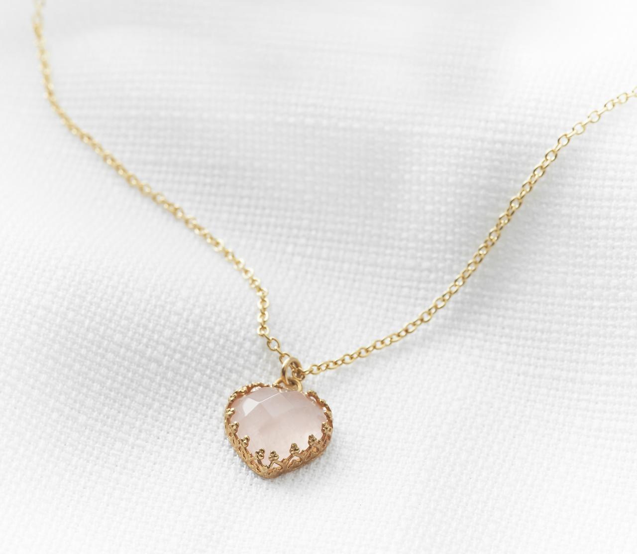 Gold Heart Necklace, Pink Rose Quartz Stone, Vintage Necklace, Bridal Gold Jewelry, Dainty Necklace, Birthday Gift, Unique Gold Necklace