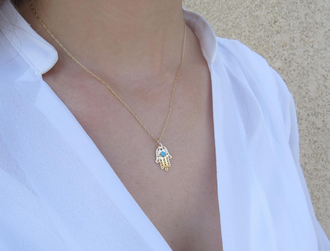 Gold Hand Necklace - Gold Hamsa Necklace, Delicate Necklace, Gold Hand With Turquoise, Jewish Jewelry, Hand Pendant, Gold Charm Necklace