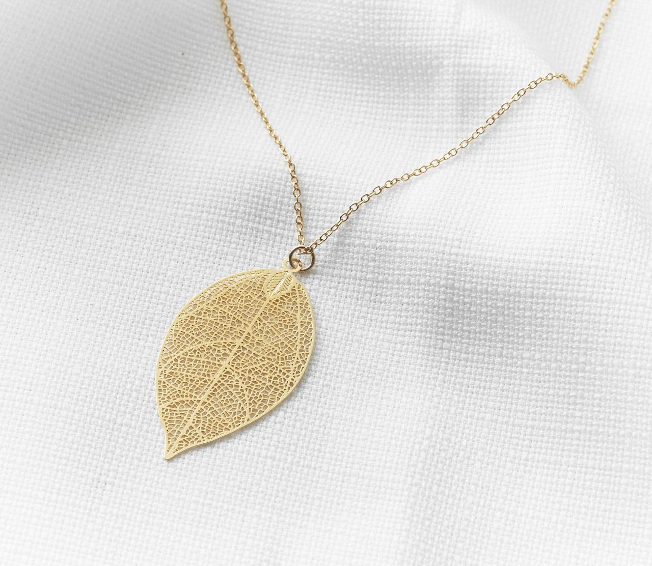 Gold Long Necklace, Gold Leaf Necklace, Filigree Leaf, Gold Leaf