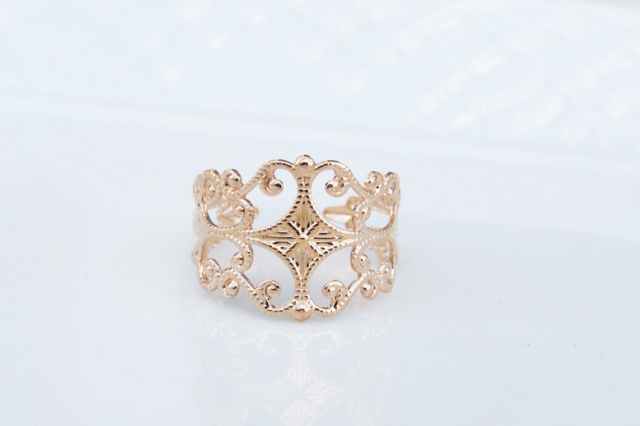 Gold Ring - Rose Gold Filigree Ring, Adjustable Ring, Statement Ring, Gold Rose Band Ring, Bridesmaid Gift, Floral Ring, Rose Gold Jewelry