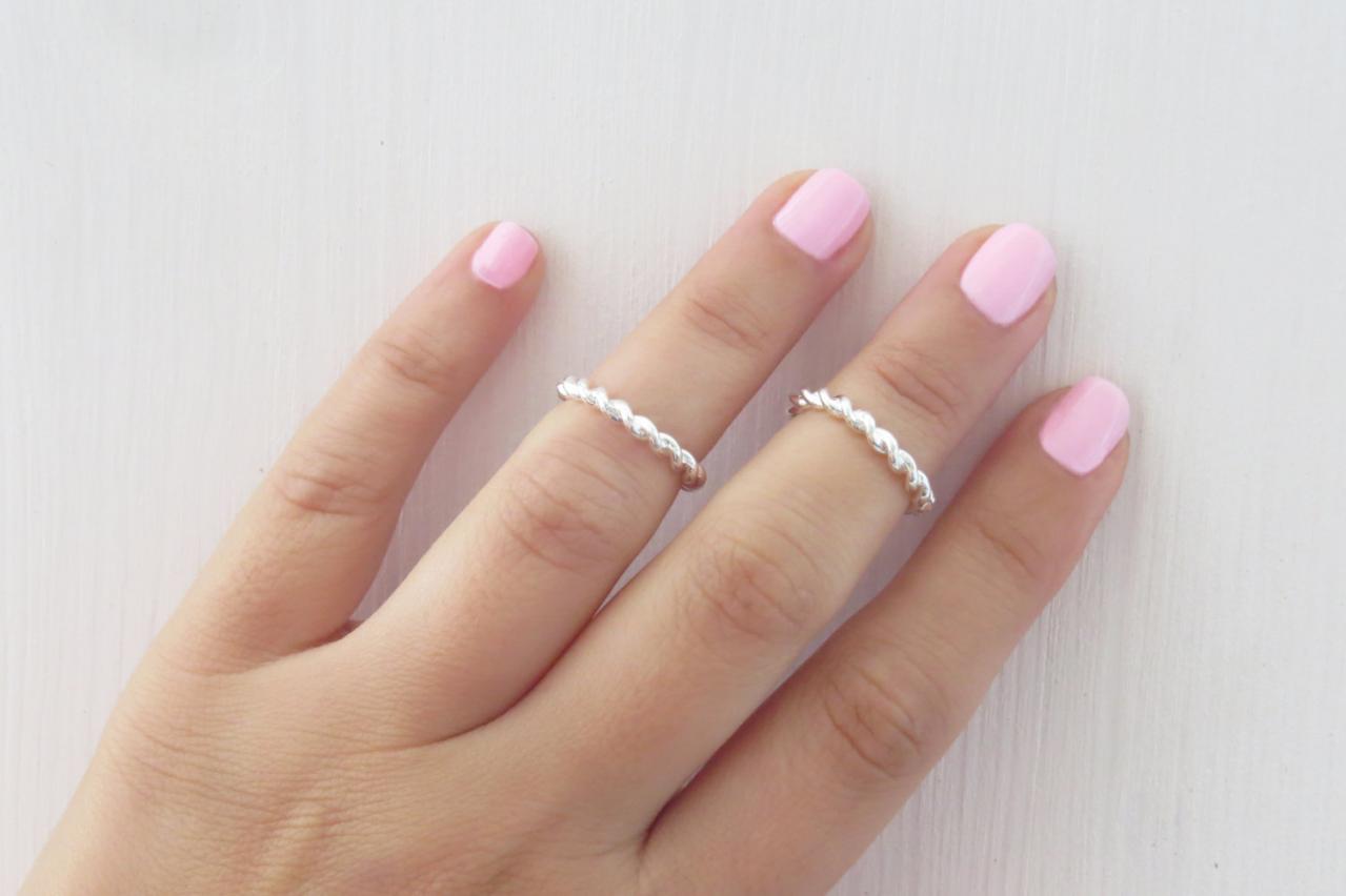Silver Stacking Rings - Twist Silver Ring, Thin Knuckle Ring, Simple Silver Rings, Set Of 2 Stack Midi Rings, Silver Ring
