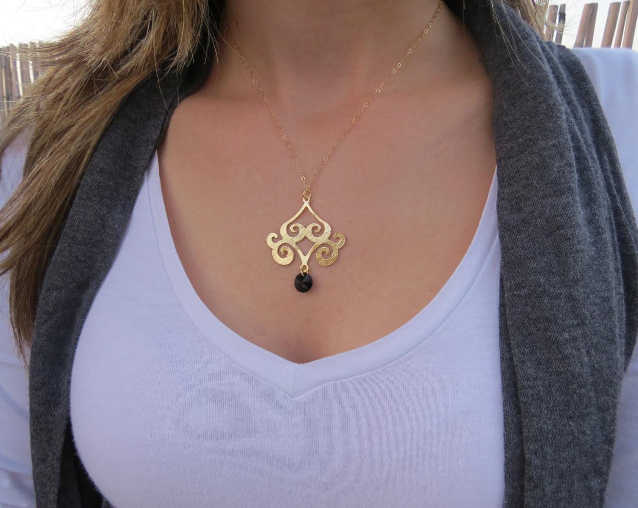 Gold Necklace - Chandelier Necklace, Black Swarovski Crystal, Delicate Gold Necklace, Modern Gold Jewelry