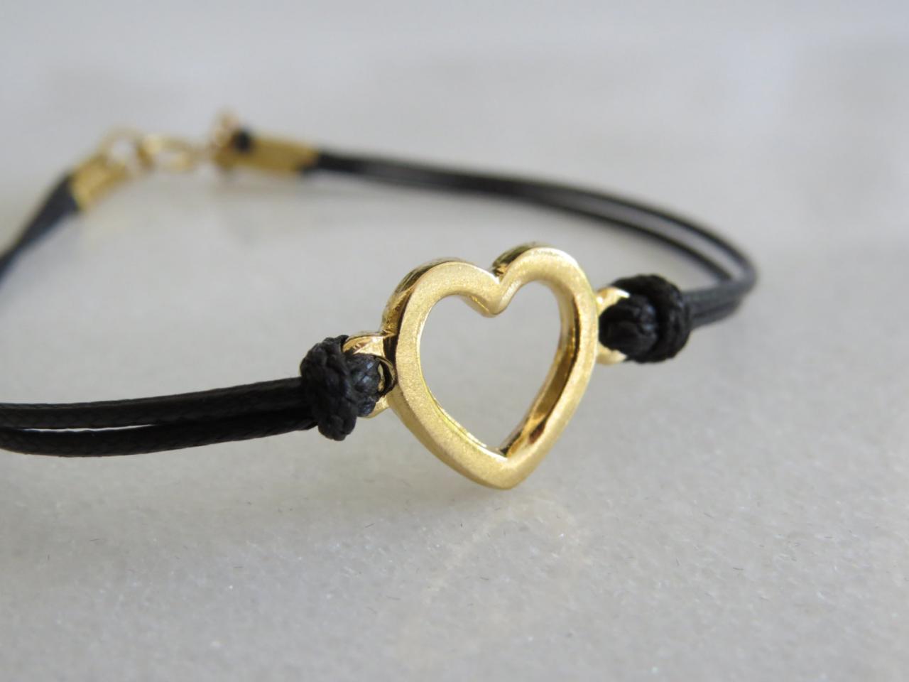 Heart Bracelet, Gold Bracelet, Black Cord Bracelet, Silk Cord Bracelet, Love Bracelet, Simple Bracelet, Friendship Bracelet