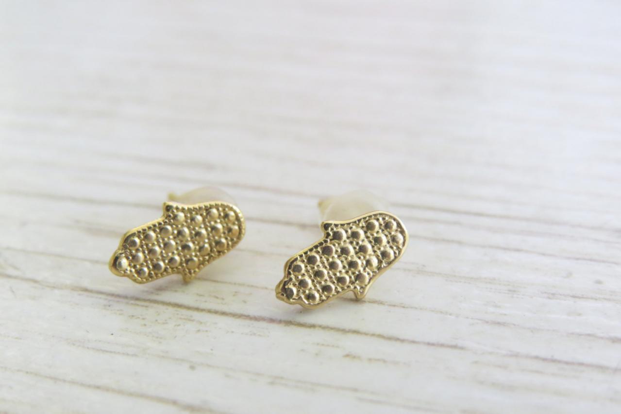 Gold Earrings - Gold Hand Earrings, Small Stud Earrings, Goldfilled Hamsa Studs, Gold Hamsa Earrings, Post Earrings, Simple Gold Earrings