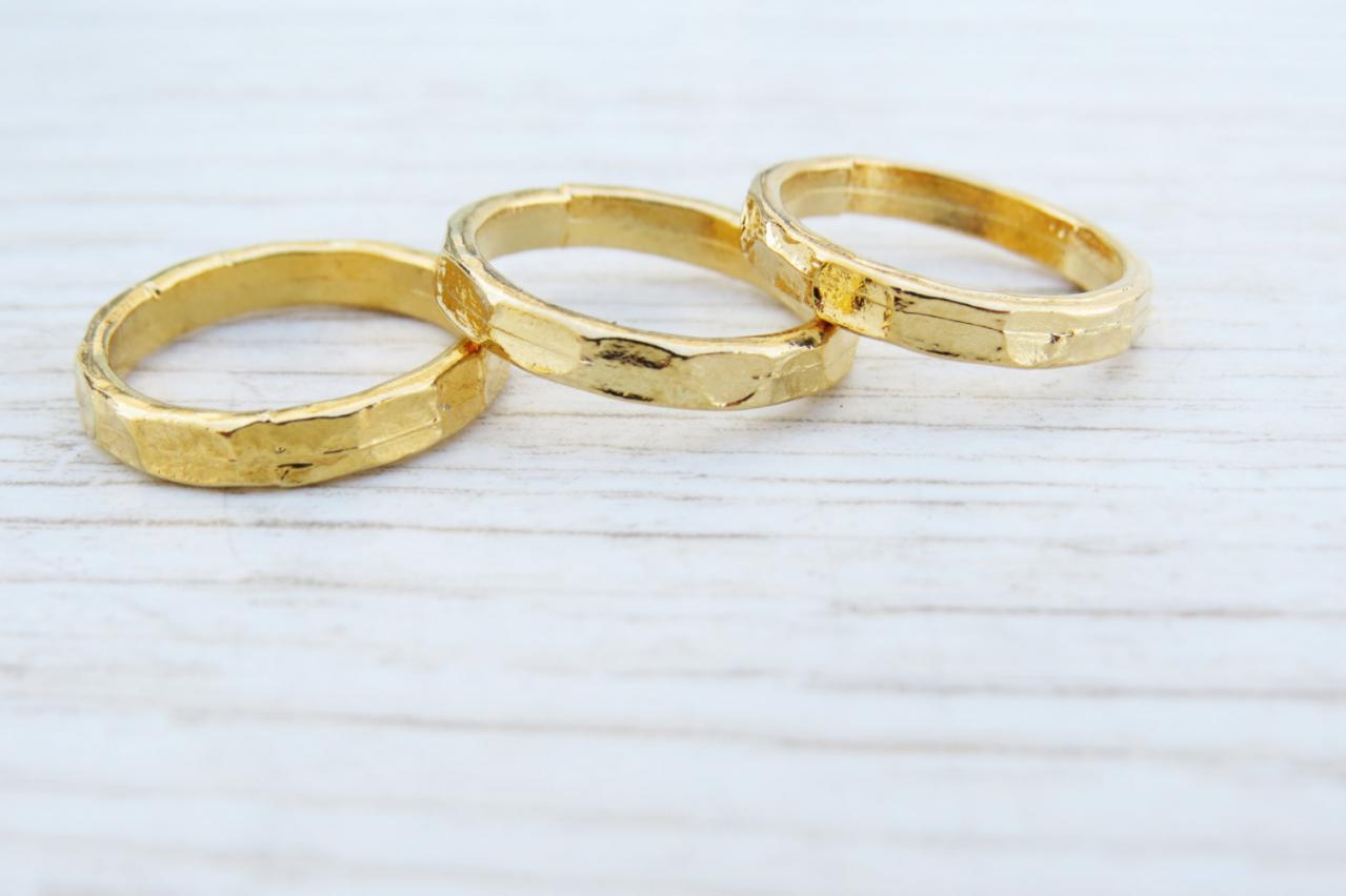 Hammered Rings - Gold Stacking Rings, Gold Shiny Bands, Set Of 3 Stack Midi Rings, Gold Accessories, Gold Jewelry, Gold Knuckle Rings