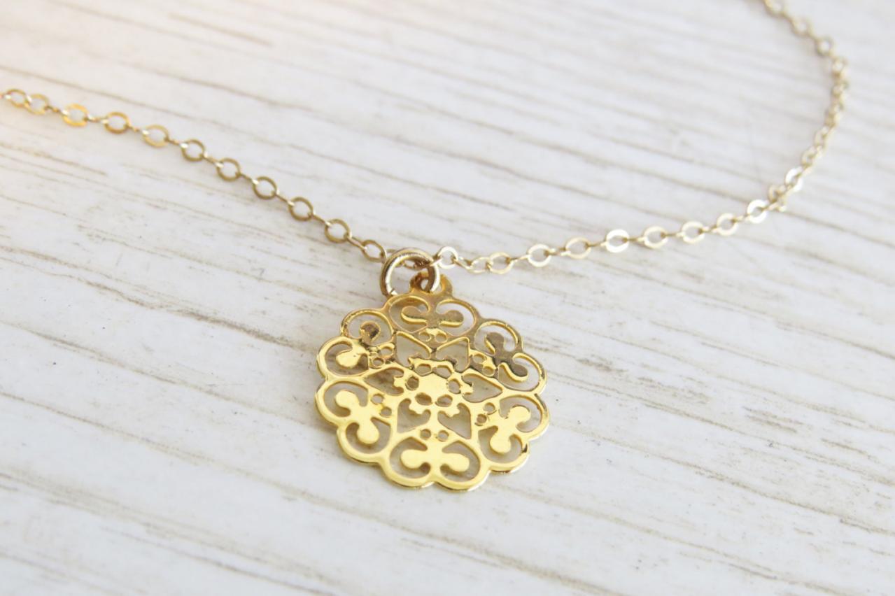 Gold Necklace - Gold Circle Necklace - Dainty Gold Necklace, Simple Necklace, Filigree Necklace, Gold Jewelry, Gift For Her