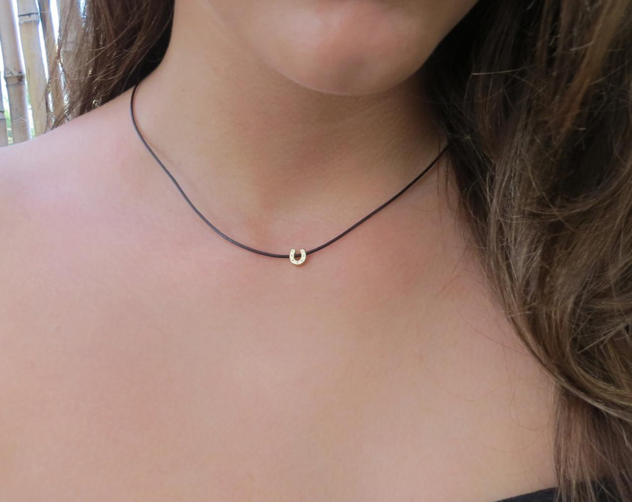 Gold Necklace - Black Cord Necklace, Tiny Horseshoe Necklace, Gold Charm Necklace, Black Necklace, Dainty Gold Necklace