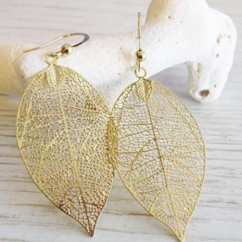 Gold Earrings, Gold Leaf E..